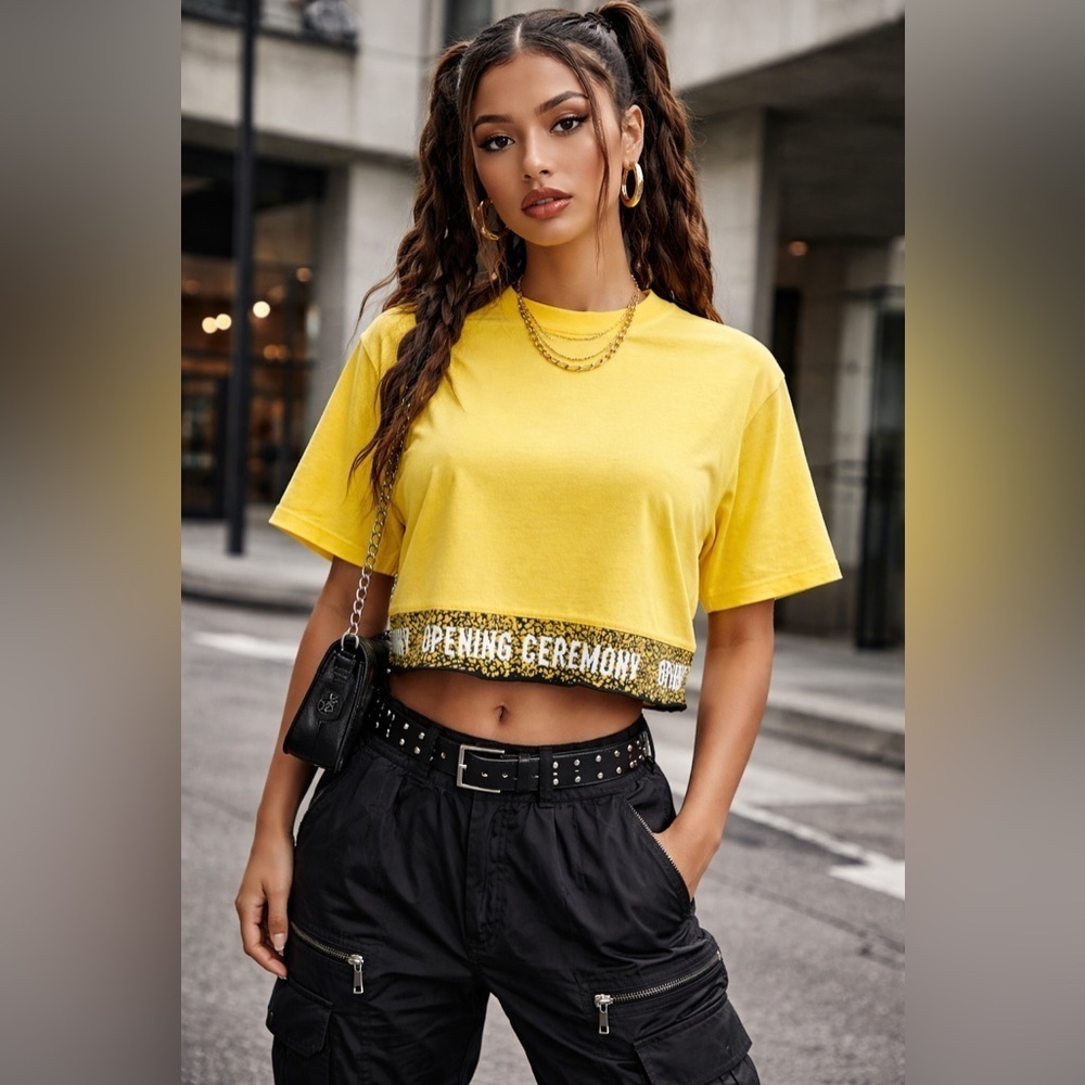 Opening Ceremony Womens Elastic Logo Crop Tee Sz L Yellow Tshirt Streetwear Top